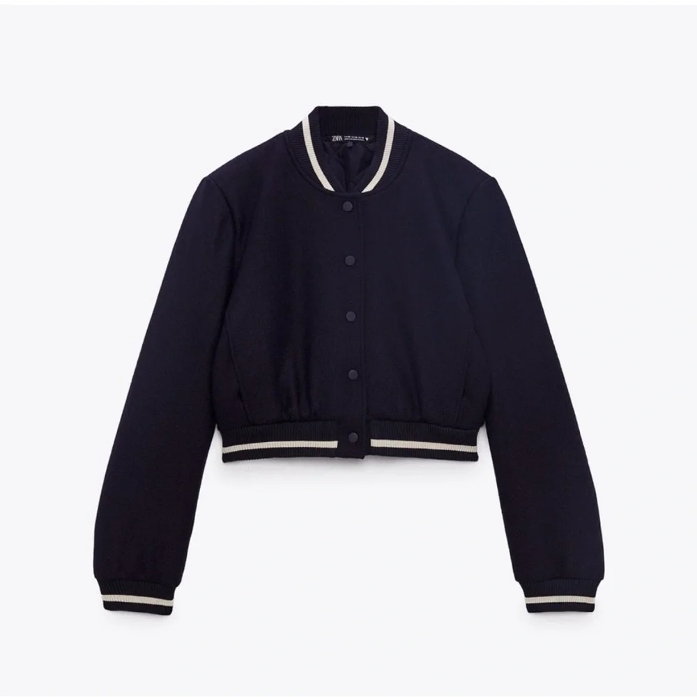 Zara Dark Blue Bomber Jacket with White Details - Picture 2 of 9